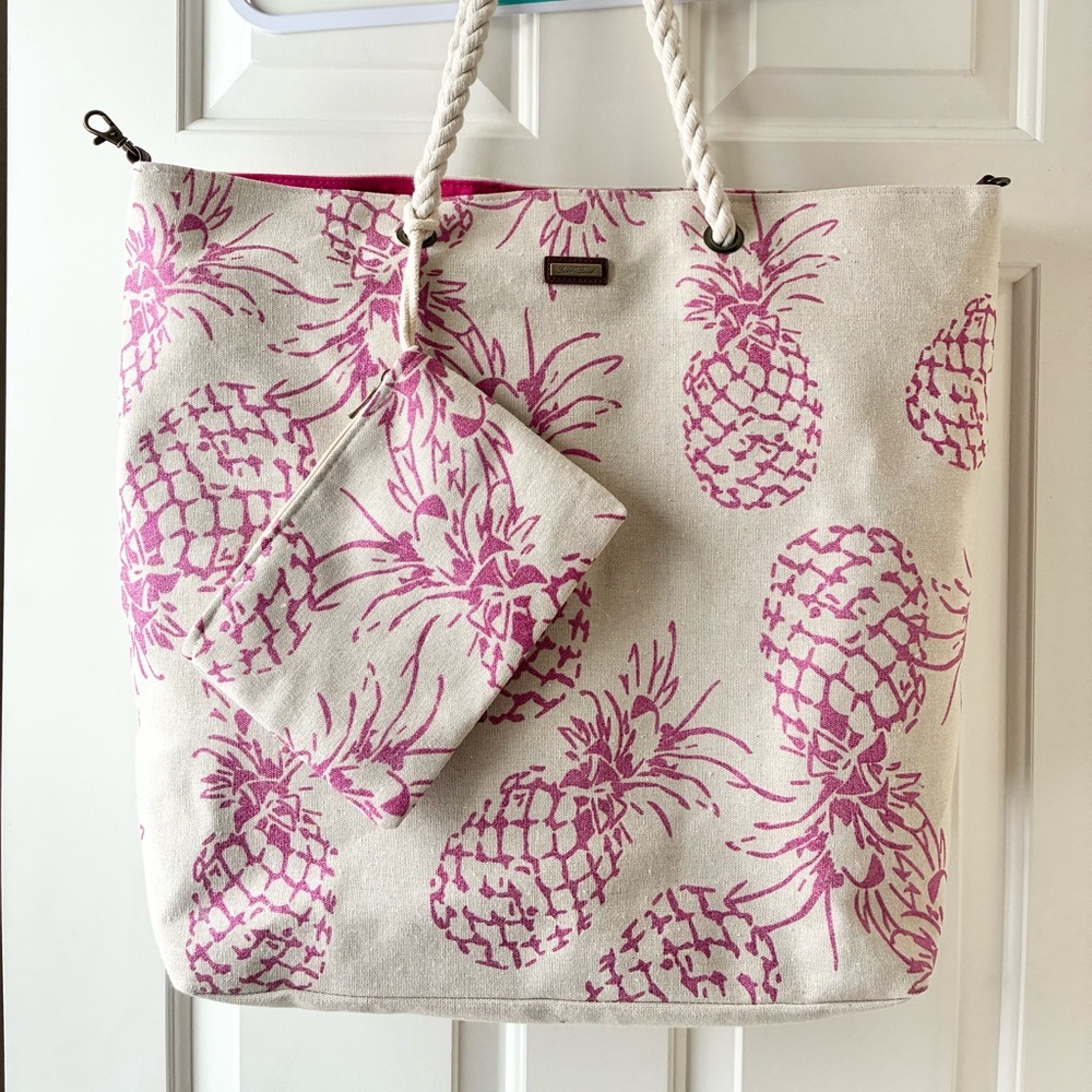 Sun & Sand Canvas Large Tote Bag & Pouch Set Pineapple Print Pink & Cream